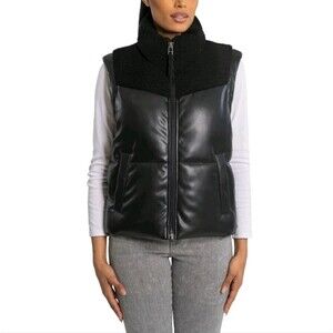 BEARPAW Women's M Faux Leather Yoke Puffer Vest Full Zip Stand Collar NWT